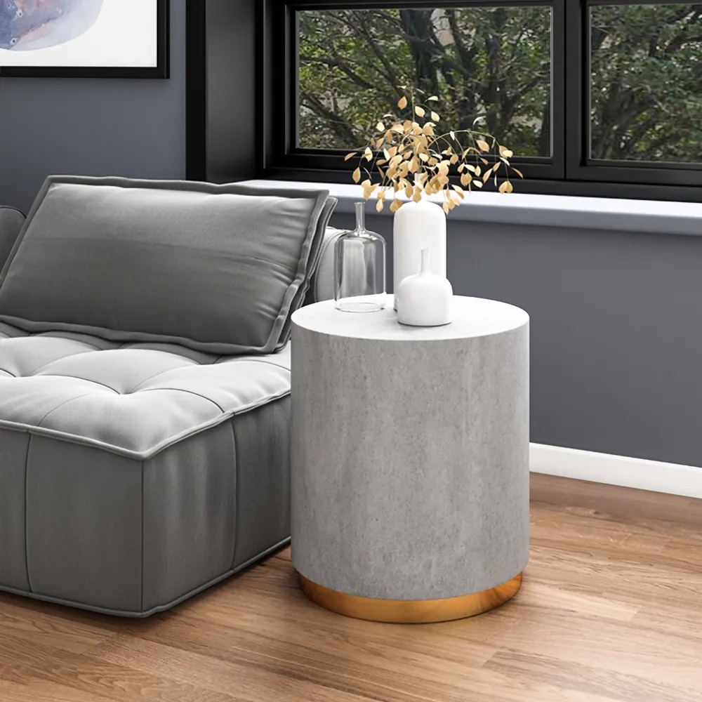 Light Grey Side Table Round Cement End Table for Living Room