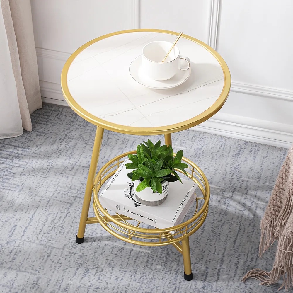 White Round Side Table with Storage Stone Top End Table-Homary