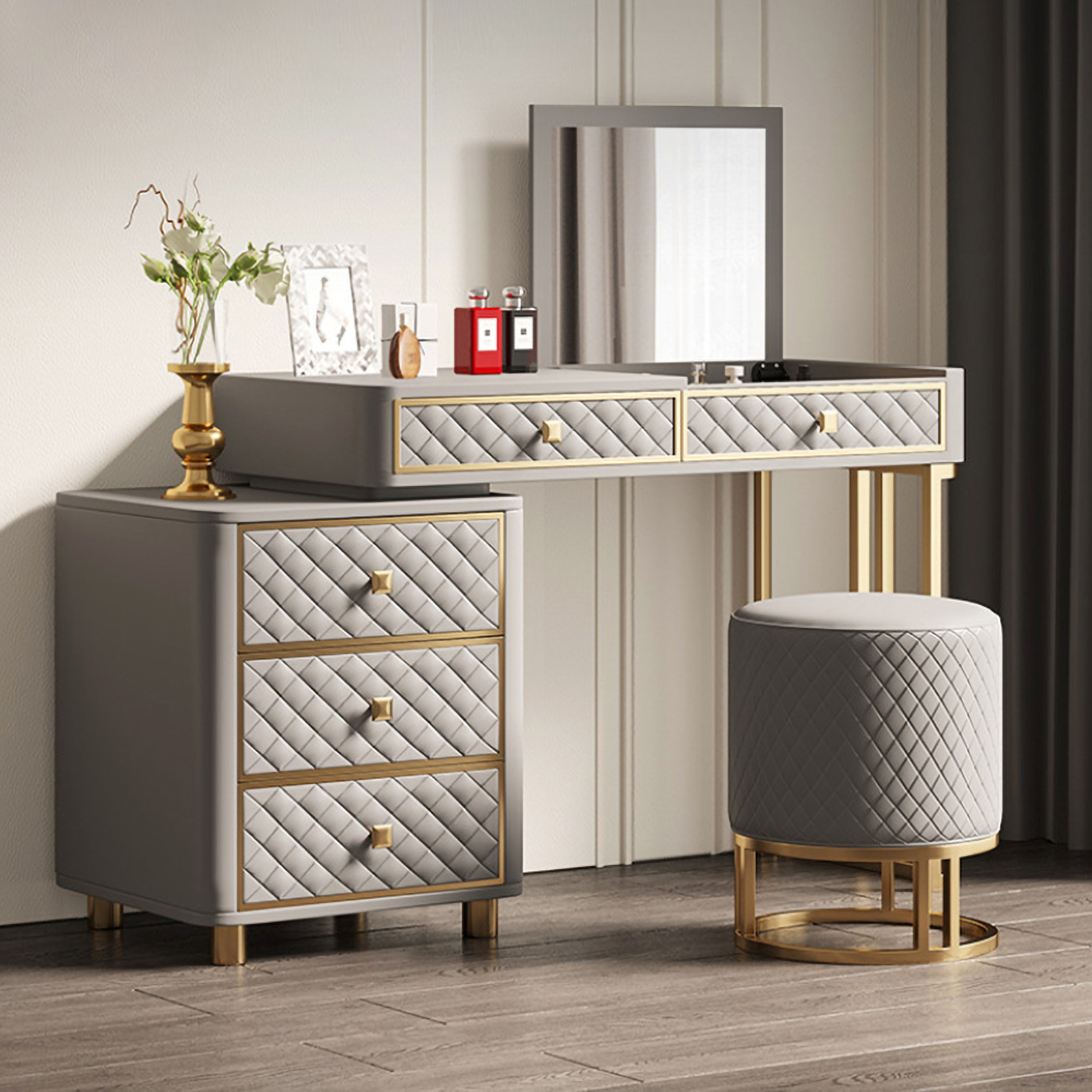 Grey Makeup Vanity Set Flip Top Dressing Table with Cabinet