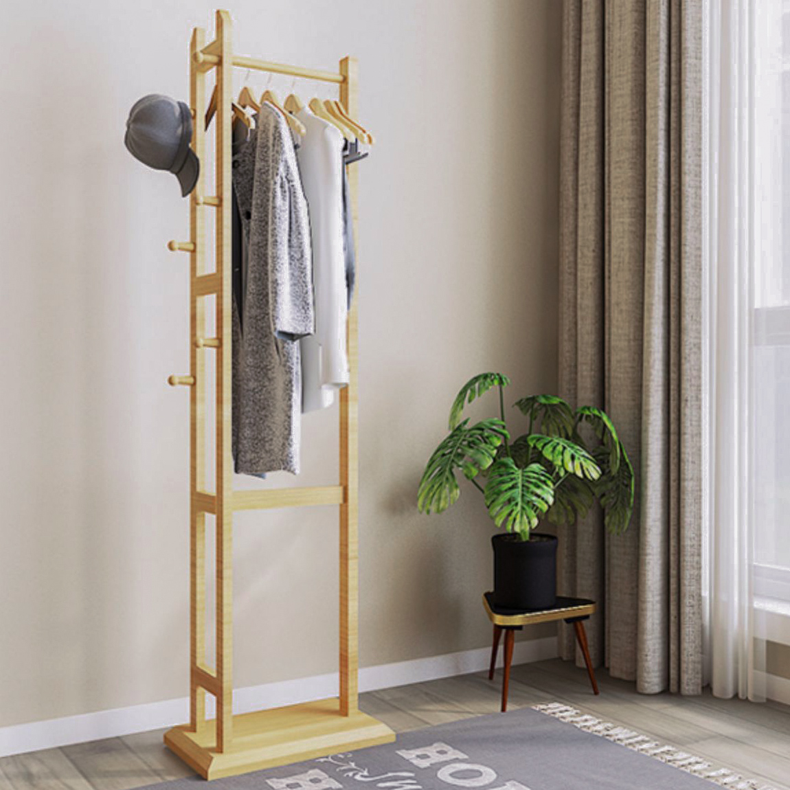 

17.7" x 64" Solid Wood Hall Tree with 6 Hooks & Rack for Entryway Small Space