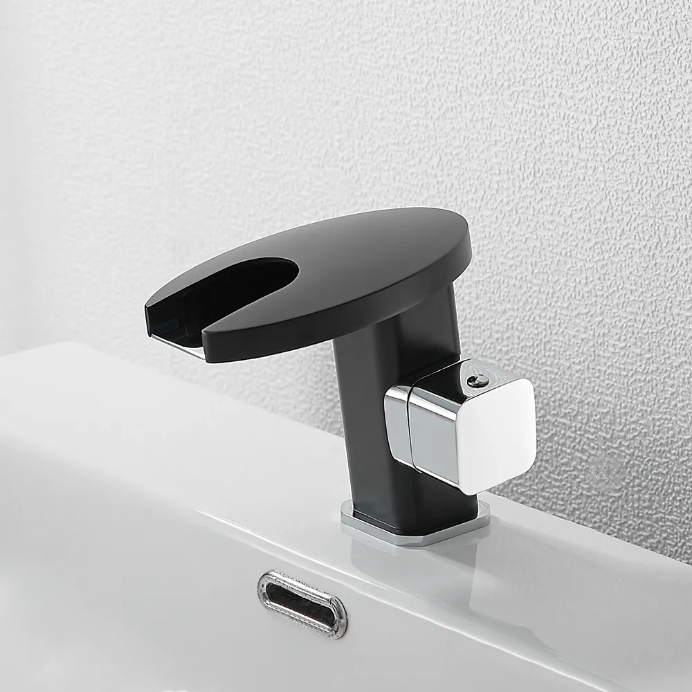 Mitigeur de salle de bain à levier unique LED bec rond en laiton massif noir et chrome