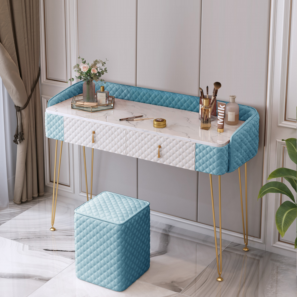 1000mm Blue & White Velvet Upholstered Makeup Vanity Table with Stools