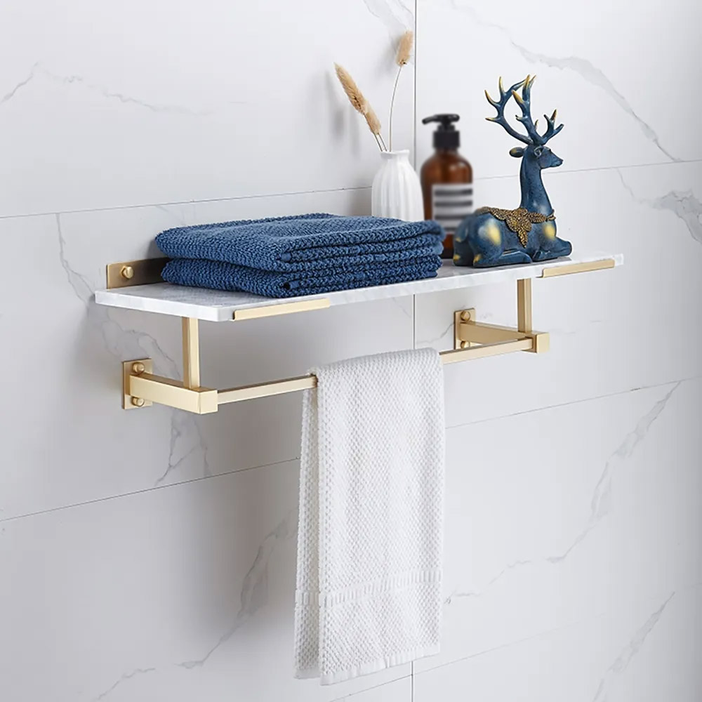 23.6" White Bathroom Floating Shelf With Marble Towel Rack