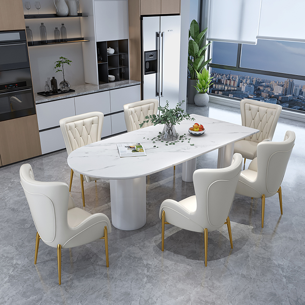 

63" White Dining Table with Stone Top & Metal Frame