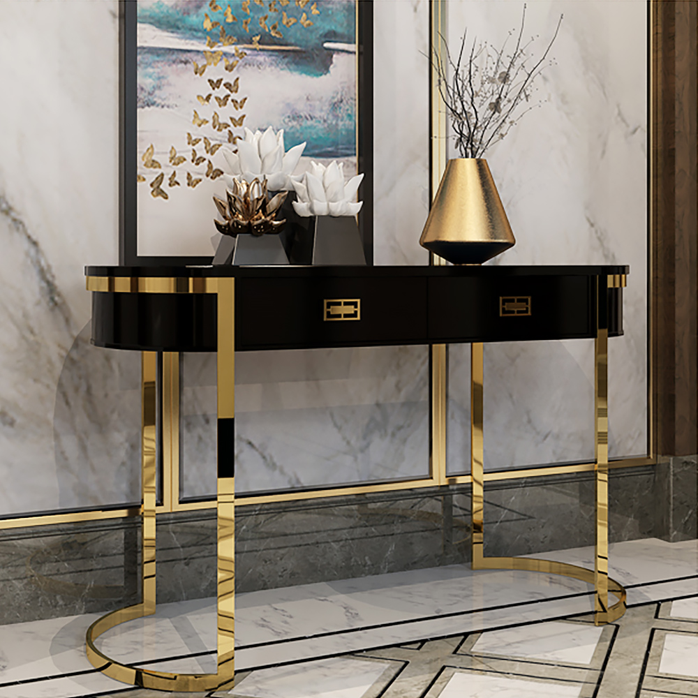 Black Modern Console Table with Drawers and Double Stainless Steel Sled