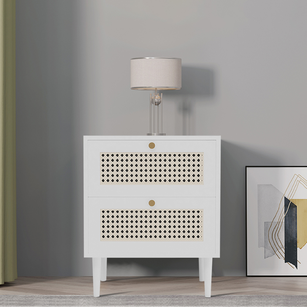 Nordic White Nightstand Rattan Bedside Table with 2 Drawers Solid Wood