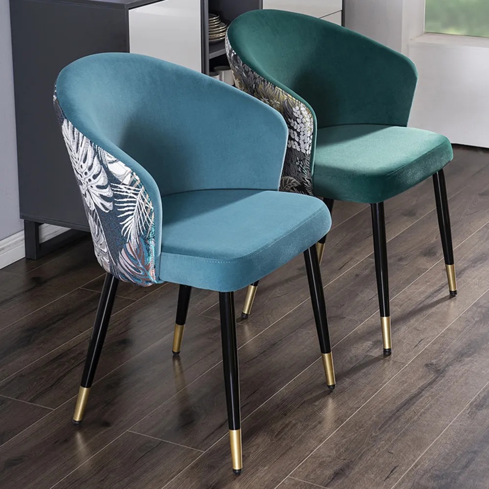 Blue Upholstered Velvet Dining Chair Curved Back Modern Arm Chair