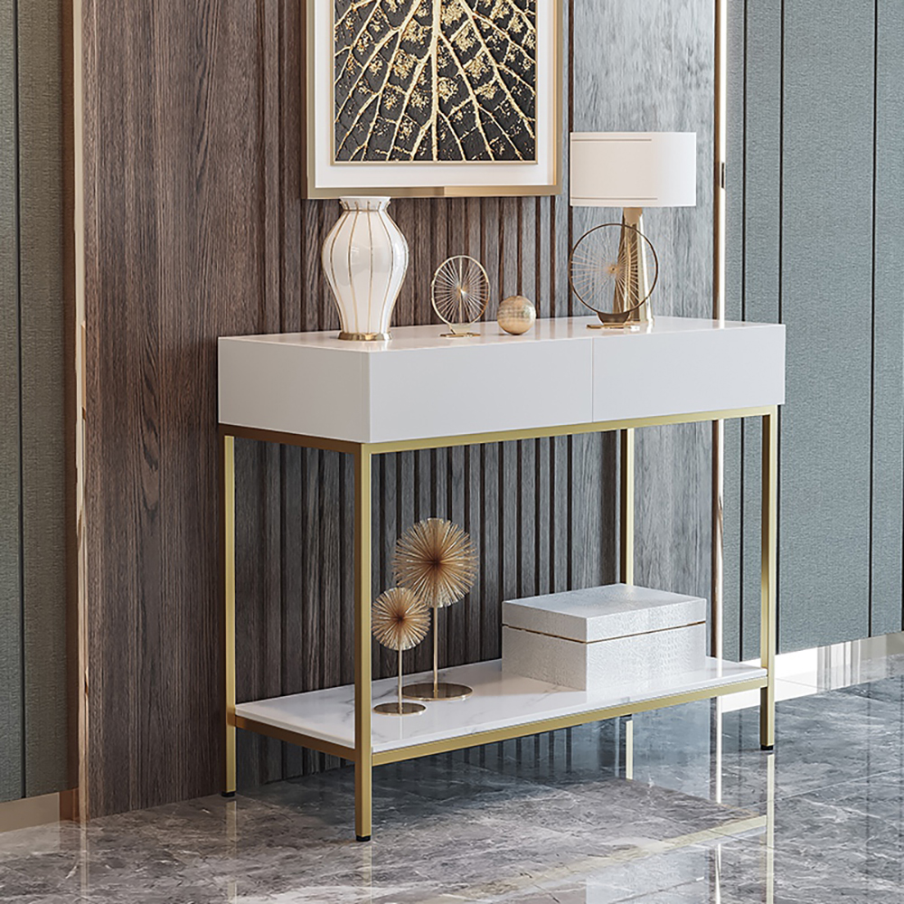 White Console Table with Drawers & Shelf Metal Frame