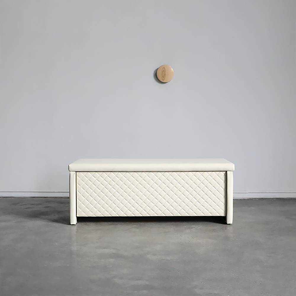 

White Leather Upholstered Liftable Entryway Bench with Storage Ottoman One Drawer