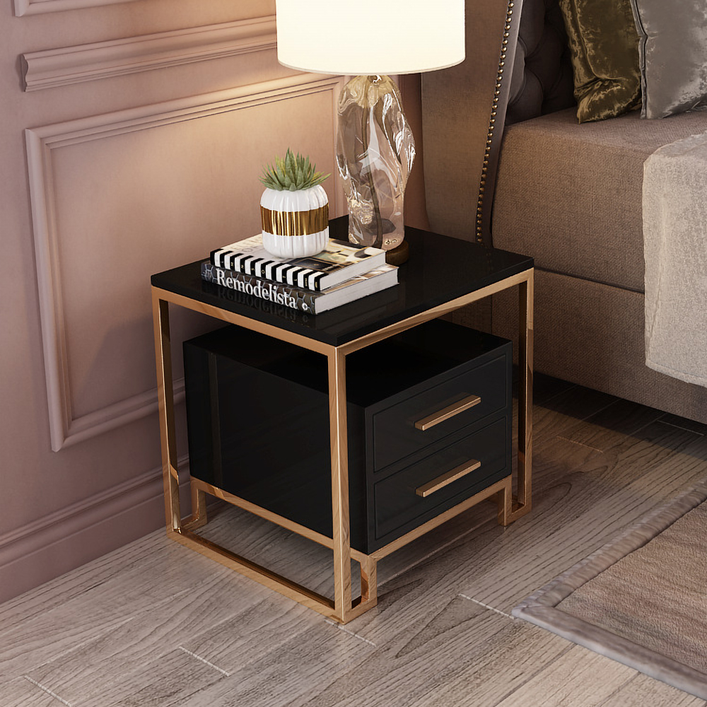 

Black Side Table with Two-Drawer End Table Stainless Steel in Gold