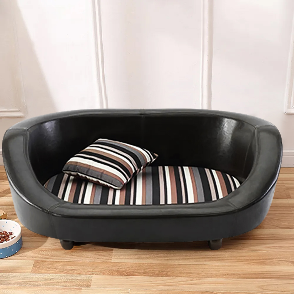28.7" Black Pu Leather Dog Bed Rectangular Velvet Cushioned Pad & Pillow Included