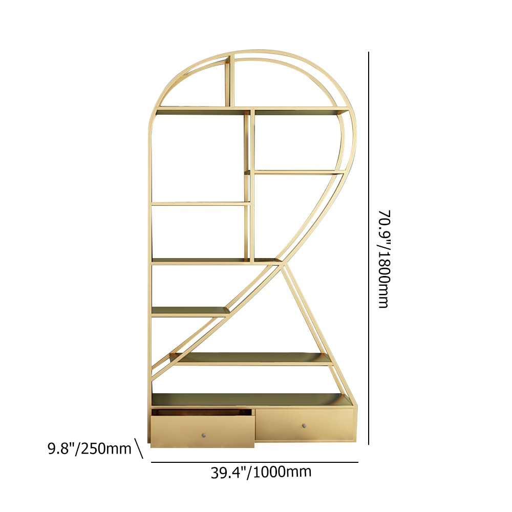 Unique Gold Metal Etagere Bookshelf with 2 Drawers Piece 1