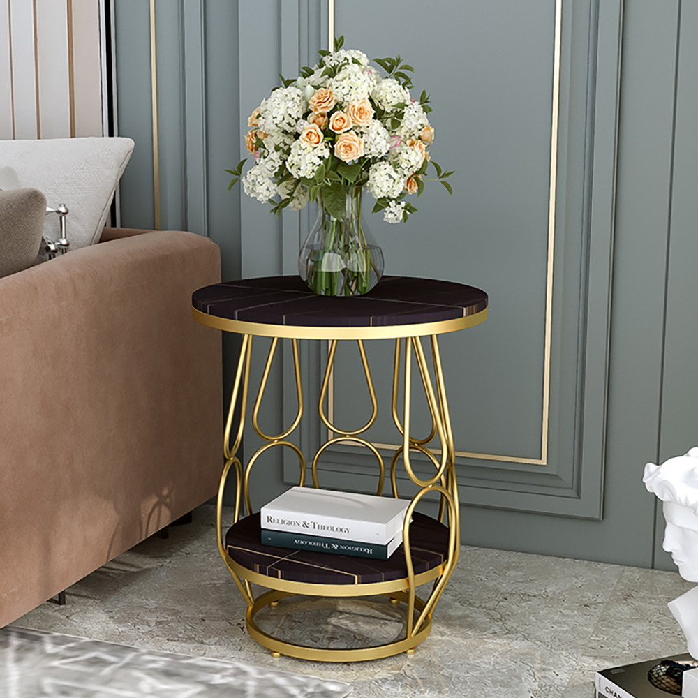 Modern Round Black Side Table With Stone Top & Metal Base