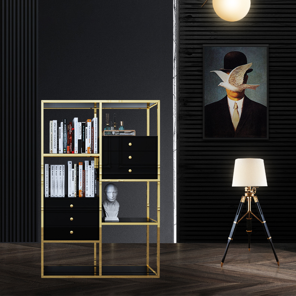 Black and Gold Geometric Bookcase 6 Shelves & 6 Drawers Bookshelf