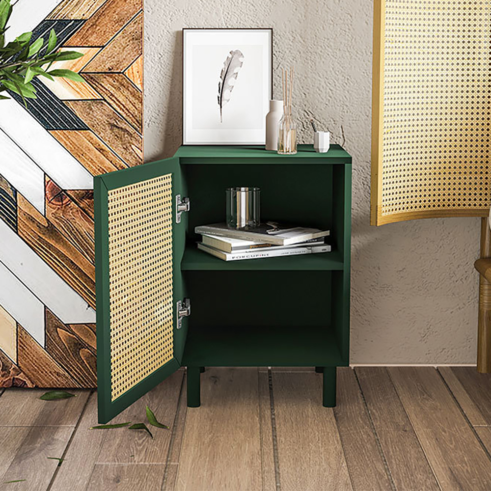 Nordic Green Nightstand Rattan Woven Bedside Table with 1 Door &1 Shelf
