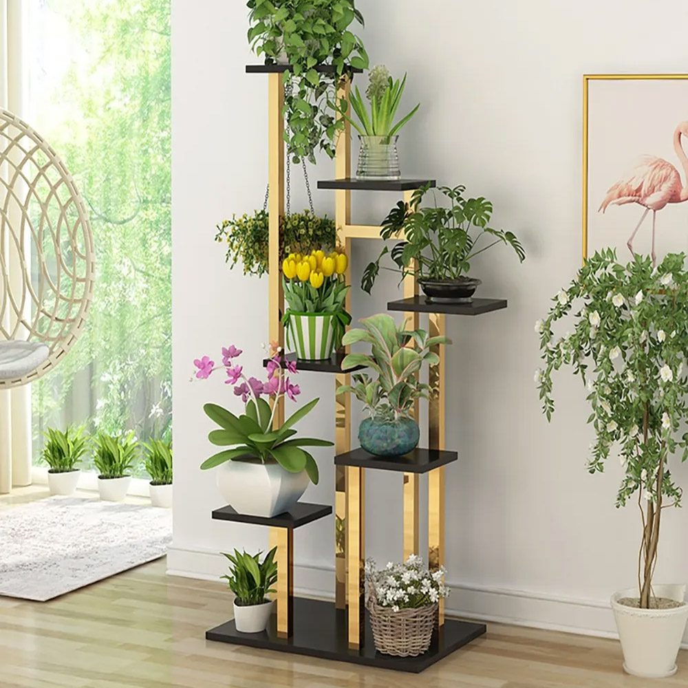 59.1" Modern Ladder 7-Tiered Plant Stand in Gold & Black