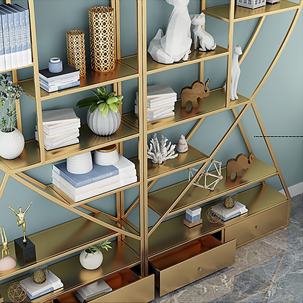 Unique Gold Metal Etagere Bookshelf with 2 Drawers Piece 1