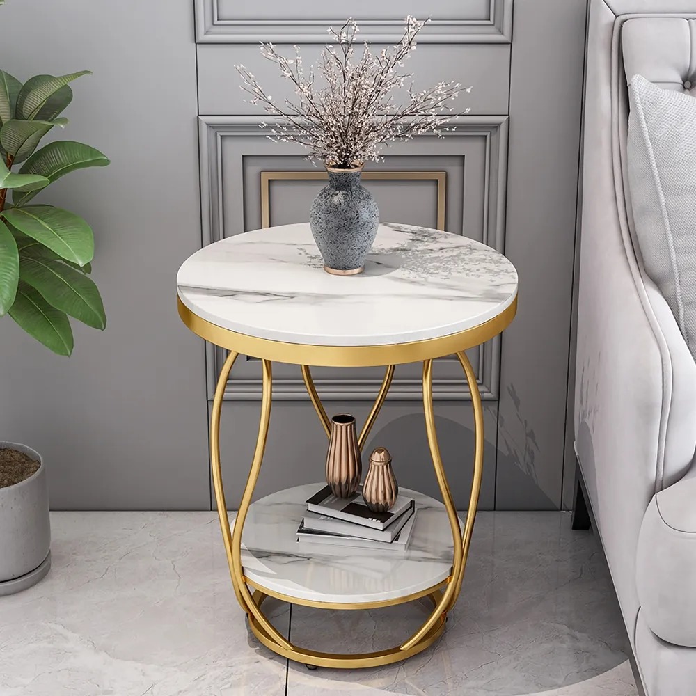 

White Round Side Table with Storage Marble Top Metal Frame