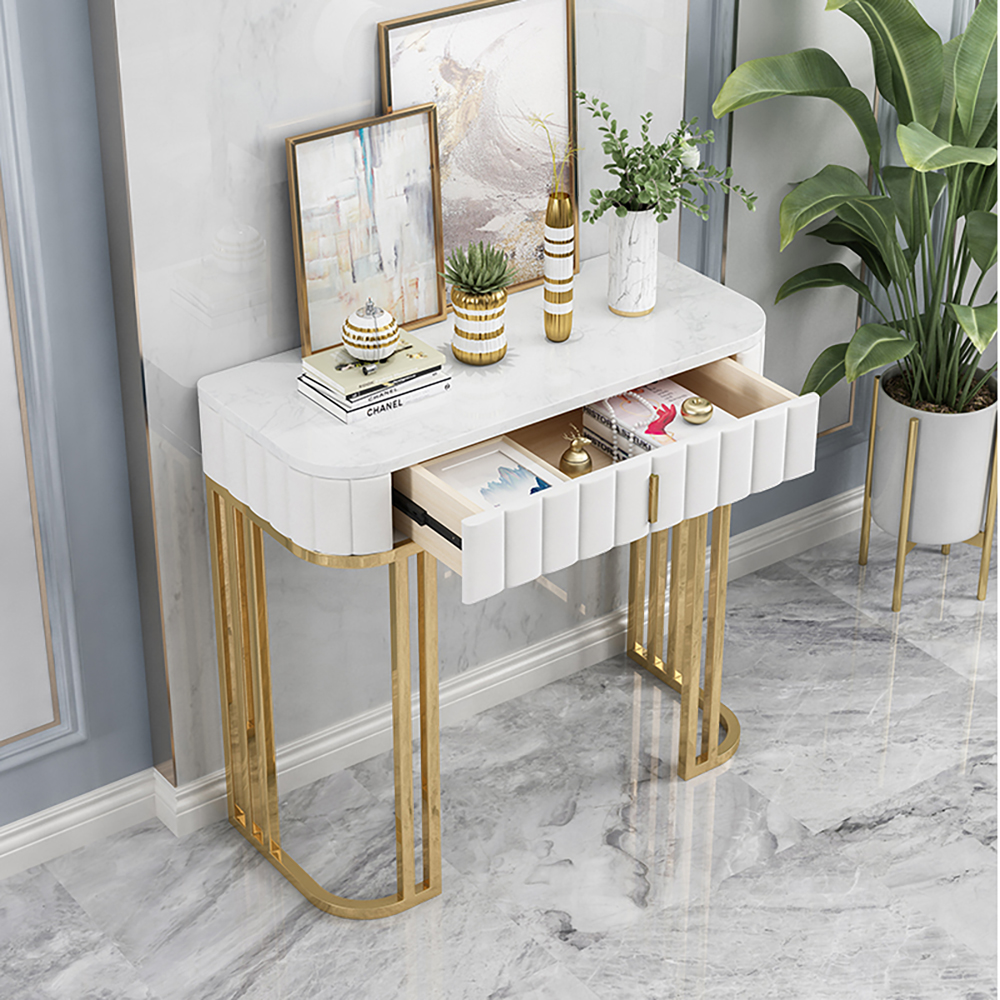 White Modern Console Table With Drawers Marble Top & Metal Frame