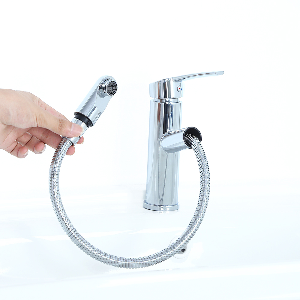 Chaf Contemporary Single Lever Handle Bathroom Tap with Pullout Spray in Polished Chrome