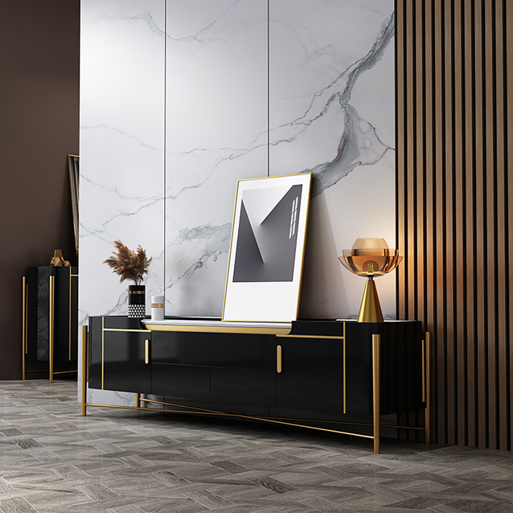 

White and Black TV Stand for TVs up to 75" in Gold with Faux Marble Top Storage 2 Doors & 4 Drawers
