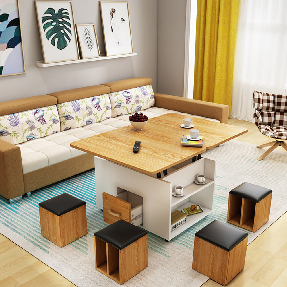 

Vintage Lift Top Coffee Table Set with Storage & Stools Extendable in Natural