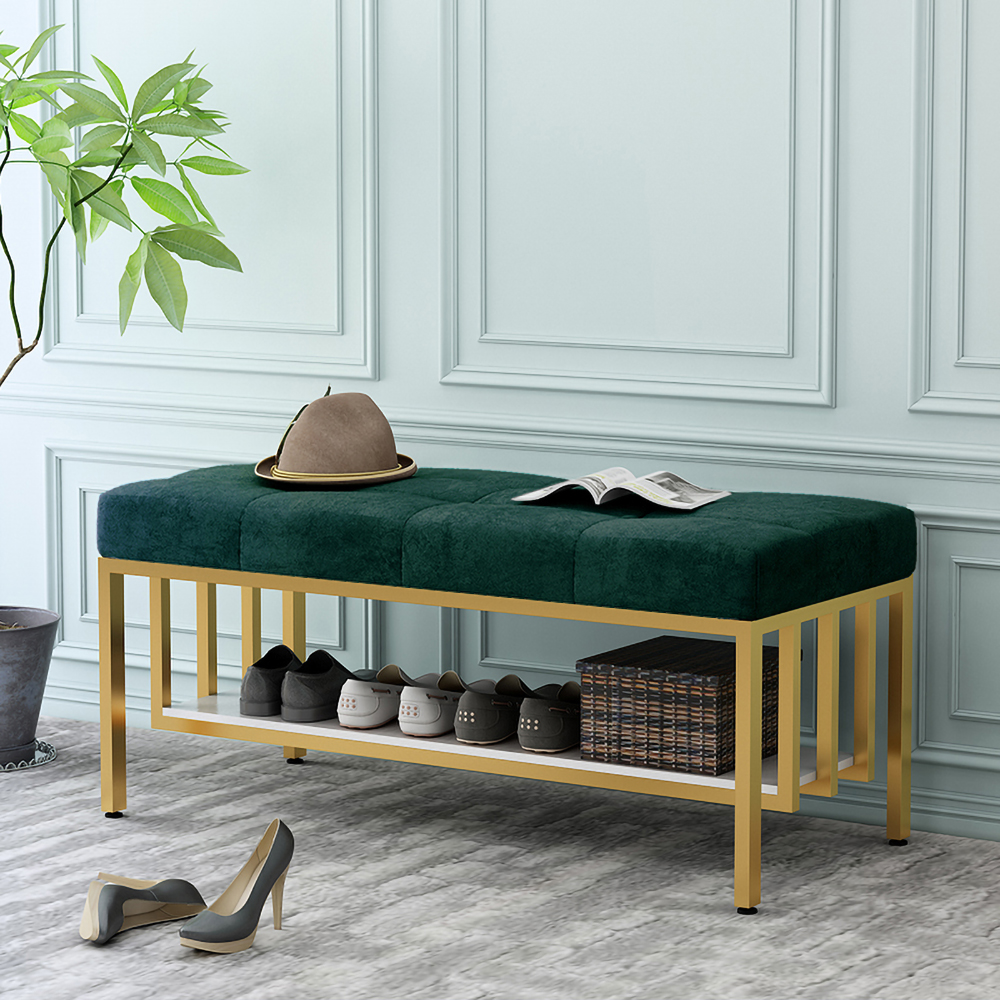 Green Storage Entryway Bench Upholstered Velvet Modern Bench with Shelf in Gold
