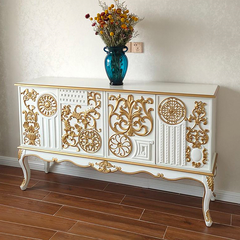 

61" Classic White Sideboard Buffet Embossed Flower Patterns with Doors & Shelf