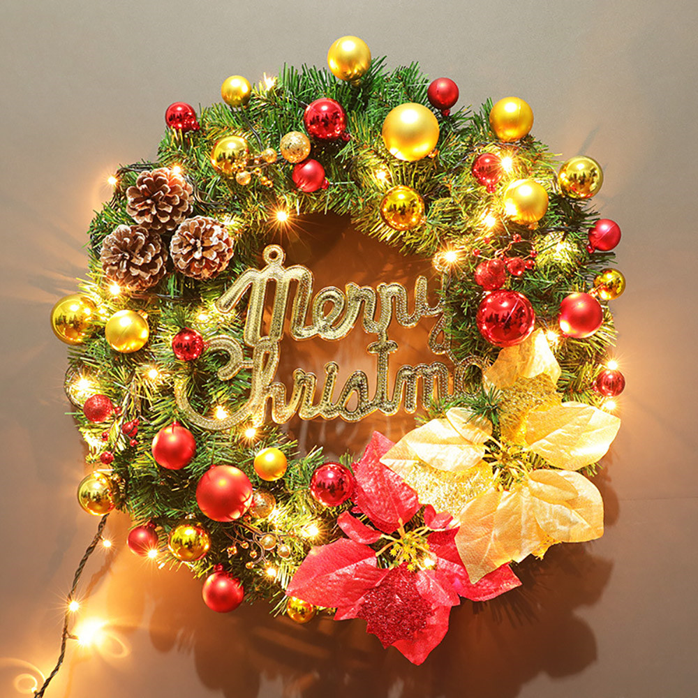 19.7" Red&gold Led Christmas Wreath With Ball Ornaments And Pinecones C