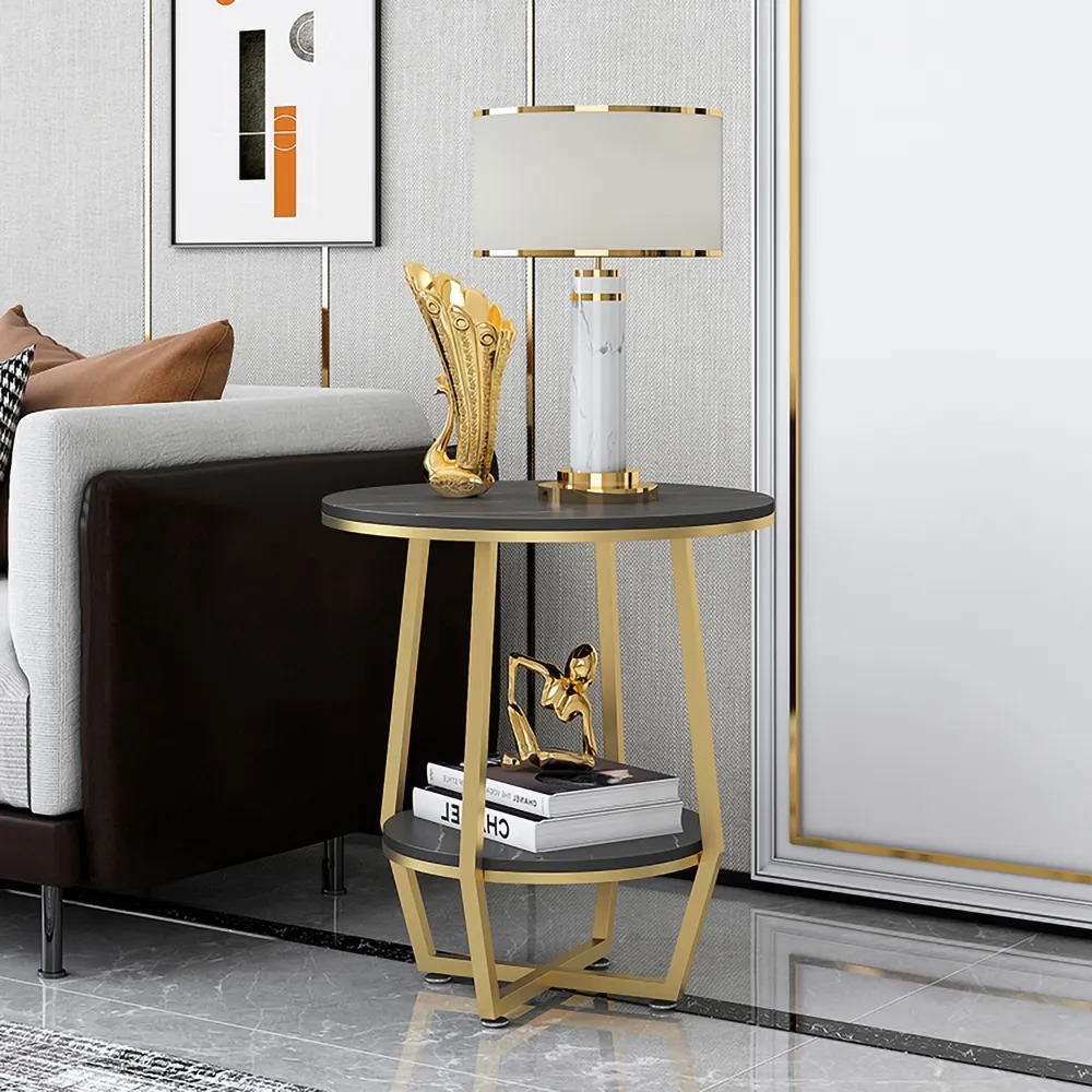 Black Round End Table with Shelf Metal Frame-Homary