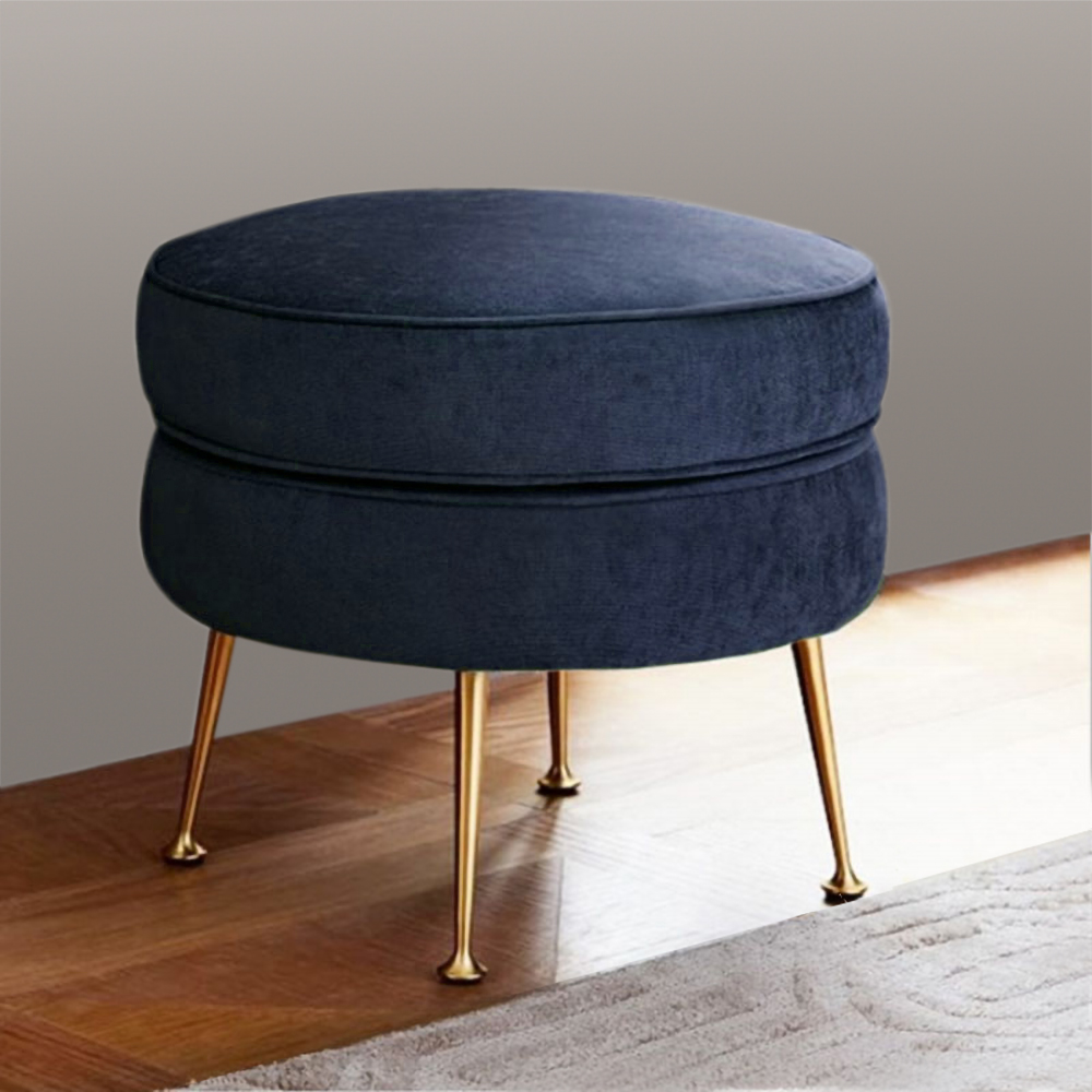 

Blue Round Velvet Ottoman Footrest Metal in Gold