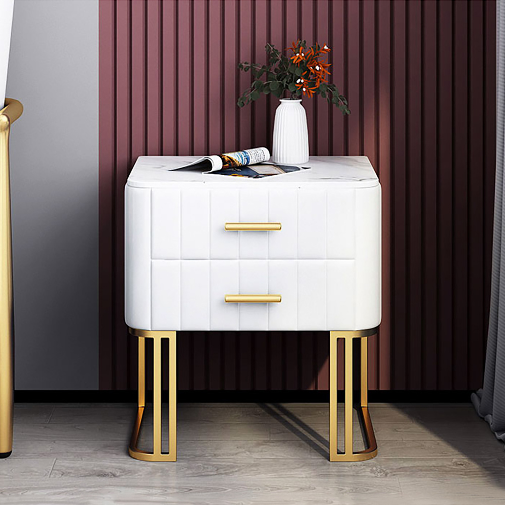 White Modern Narrow 2 Drawers Bedside Table with Faux Marble Top and Velvet Surface