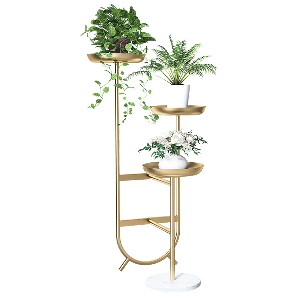 3 Tier Tall Metal Standing Plant Stand Chic Unique Shaped Planter in Gold