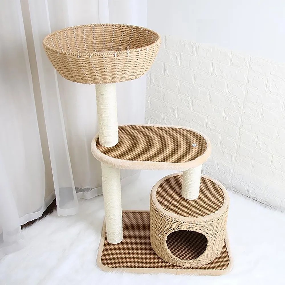 37.8" Woven Cat Tree Pet Nest And Condo Sisal Scratching Post 3 Tier