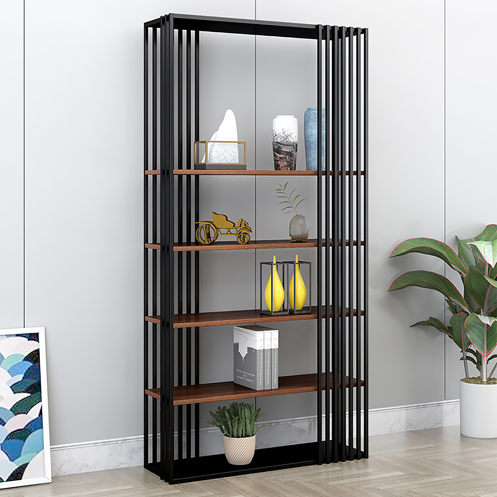 

Modern Metal Etagere Bookshelf Freestanding with 5 Shelving Black & Walnut
