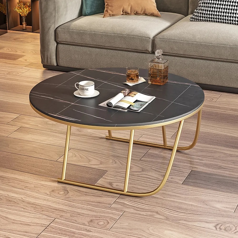 Black Modern Coffee Table Metal Legs with Stone TabletopHomary