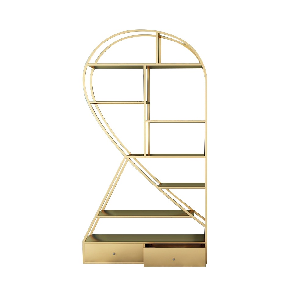 Unique Gold Metal Etagere Bookshelf with 2 Drawers Piece 1