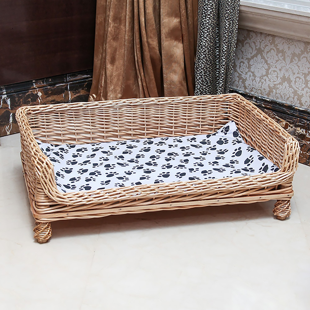 25.6" Beige Woven Rattan Dog Bed Medium With Cotton Cushioned Pad