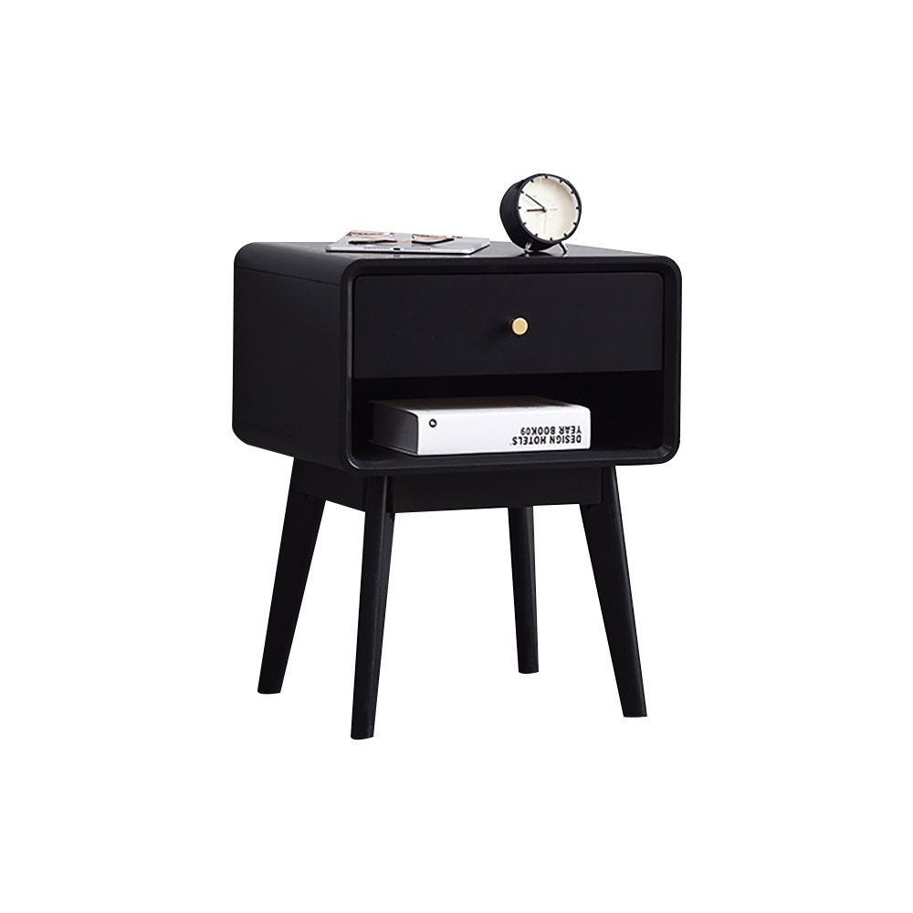 Midcentury Black 1Drawer Bedroom Nightstand with Brass PullHomary