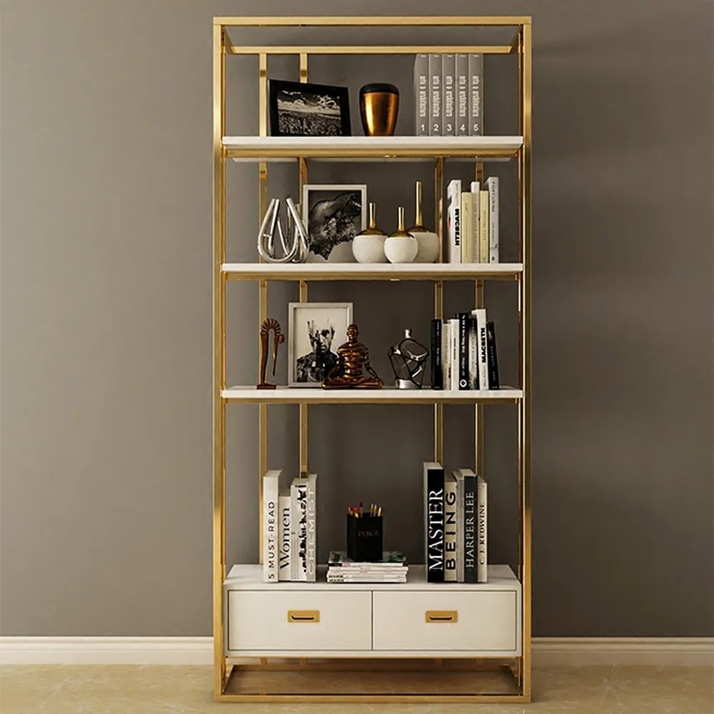 

Modern Etagere Bookshelf Freestanding in Golden Metal, White & gold