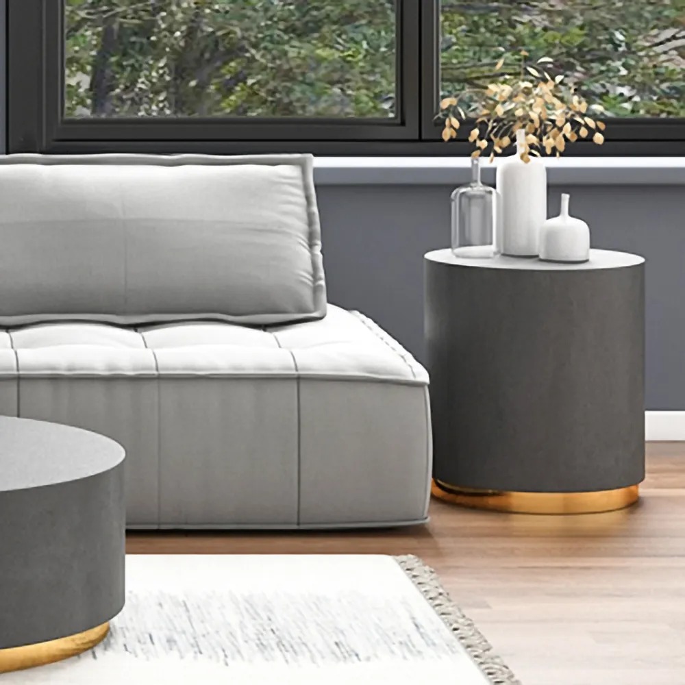 Deep Grey Side Table Round Cement End Table for Living Room