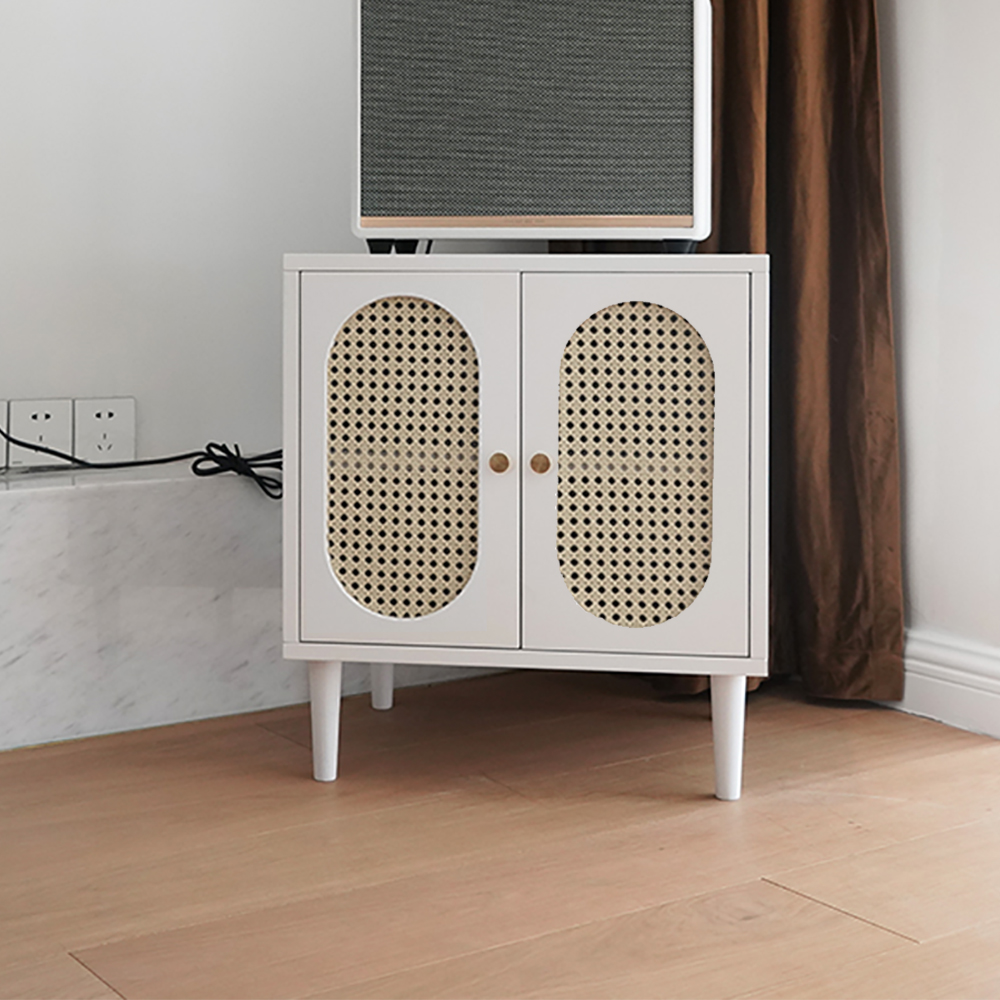 

Nordic White Cabinet Rattan Woven 2-Door 1-Shelf Side Table