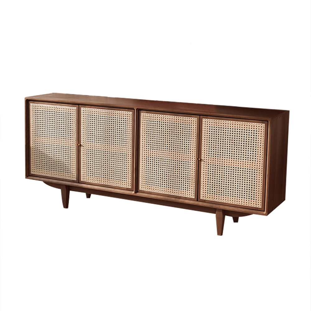 70" Nordic Walnut Sideboard Buffet Rattan Kitchen Cabinet with 4 Doors 4 Shelve in Large