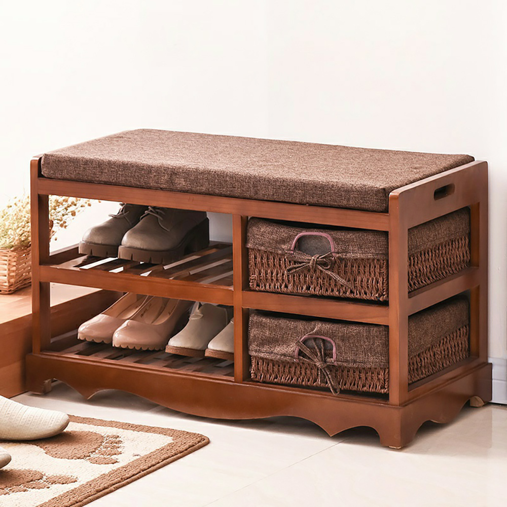 Rustic Style Entryway Shoe Storage Bench Shoe Rack with 2 Tier Shelves