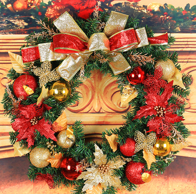 23.6" Gold&red Christmas Wreath With Ball Ornaments And Leaves Christmas Decoration B