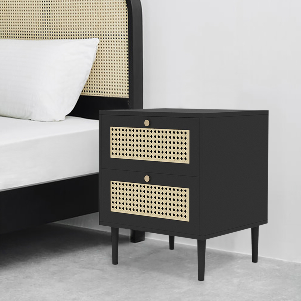 Nordic Black Nightstand Rattan Bedside Table with 2 Drawers Solid Wood