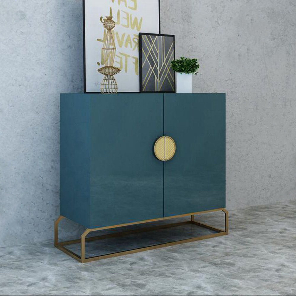 2-Door Peacock Blue Console Table Storage Cabinet Hallway Gold Accent