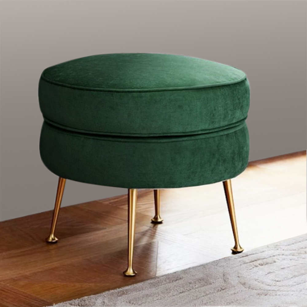 

Green Round Velvet Ottoman Footrest Metal in Gold