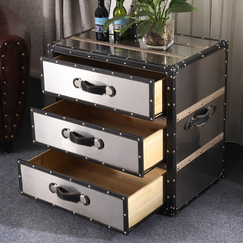 Image of Brushed Nickel & Black 3 Drawers Nightstand Storage Cabinet Stainless Steel MDF