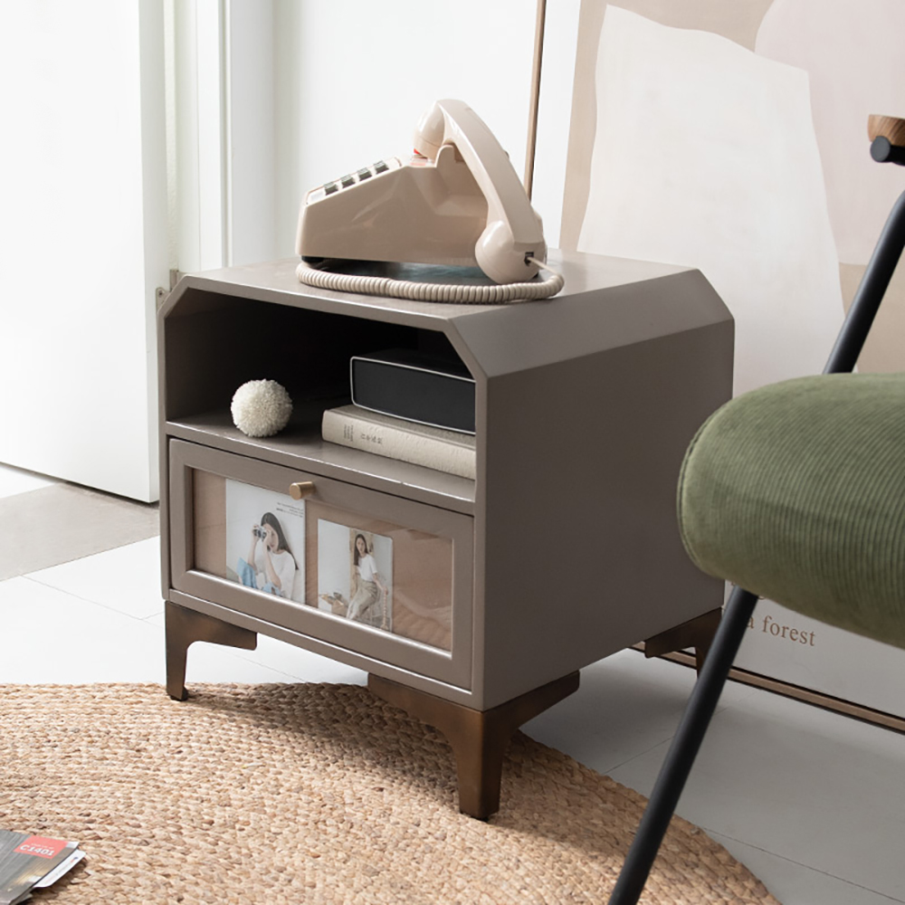 

Gray Farmhouse Wood End Table with Storage Vintage Side Table in MDF & Rattan
